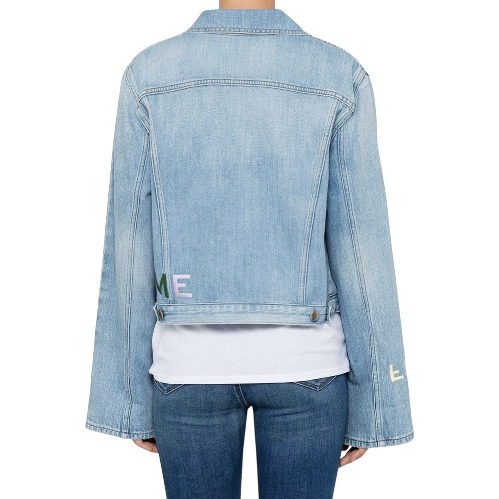 Frame Embroidered Cuffed Jean Jacket Denim Rydell Ave Logo Light Womens Sz Large - Picture 3 of 16